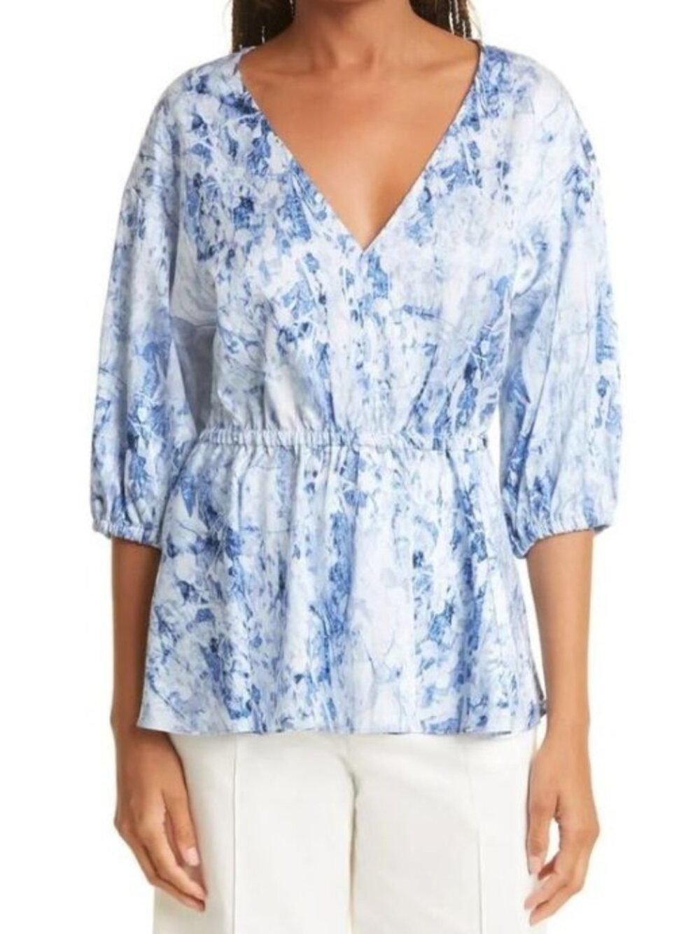 NEW Donna Karan Women's L Print V-Neck Elastic Waist Blouse NWT $295